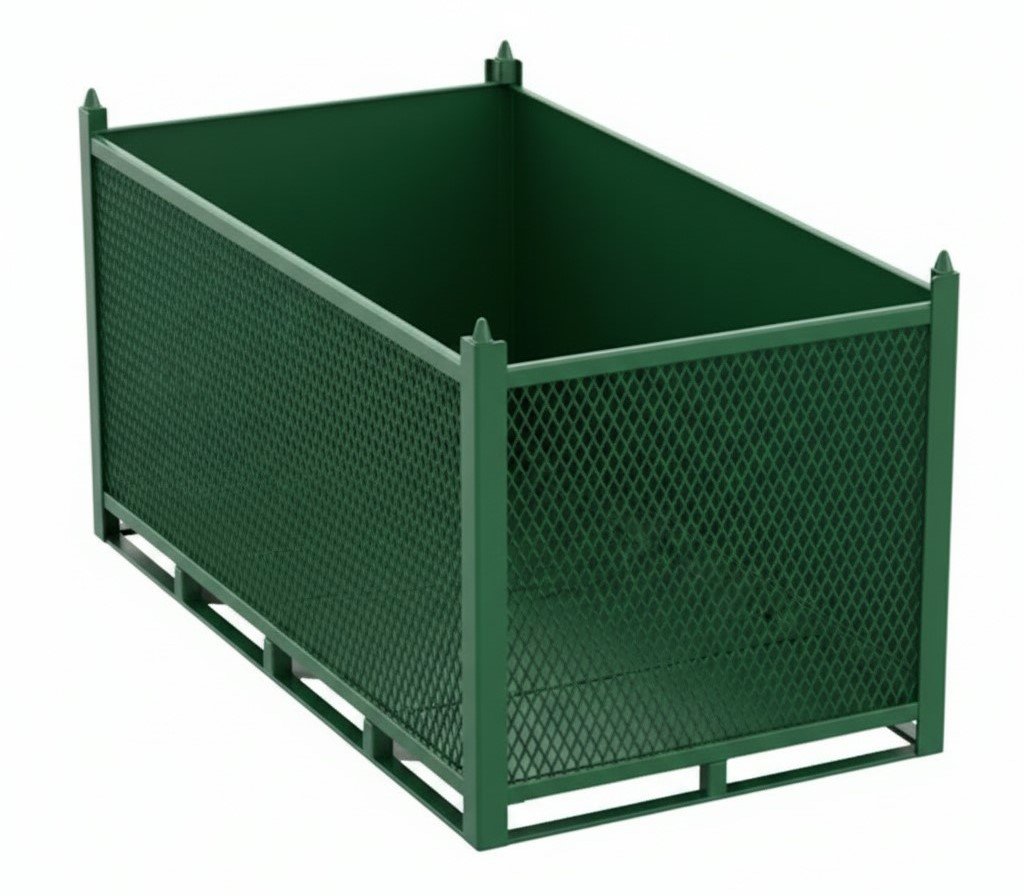 An empty green metal container with expanded mesh sides and stacking corner posts, for industrial use.