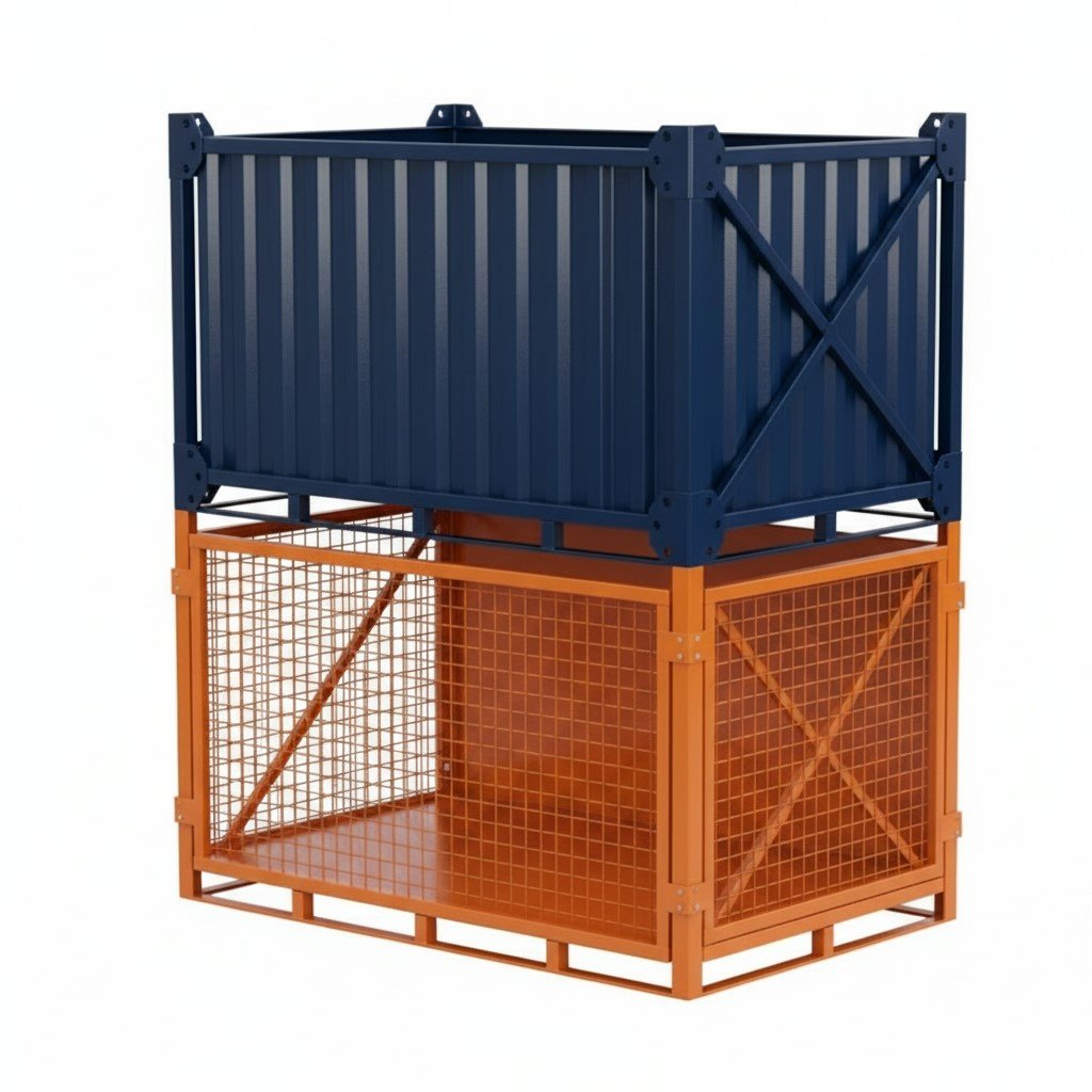 A blue corrugated steel container is stacked atop an orange steel mesh storage crate.