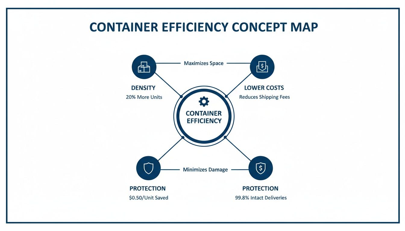 A concept map illustrating container efficiency benefits: maximizing space, reducing costs, and ensuring product protection.