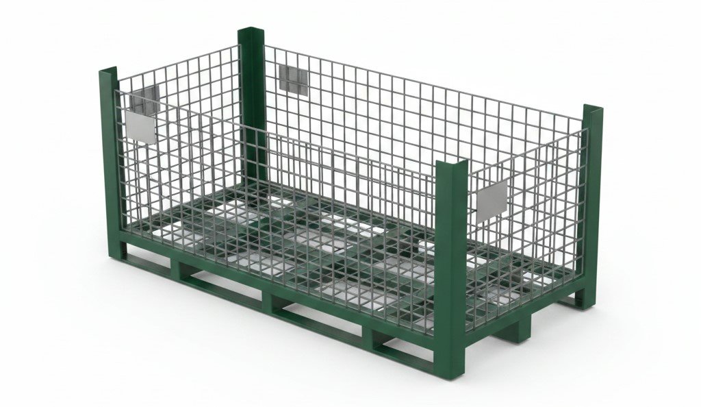 A green metal stackable pallet cage with a wire mesh frame and a sturdy base.