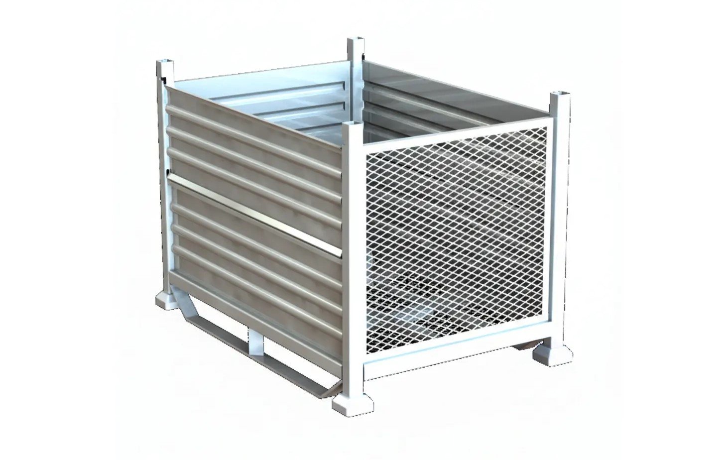 A gray stackable industrial container with corrugated metal sides and one mesh panel.