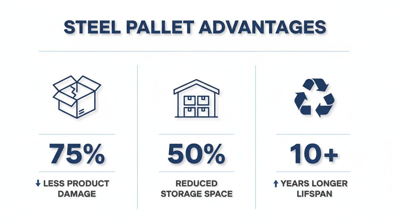 Infographic highlighting steel pallet advantages: 75% less product damage, 50% reduced storage space, and 10+ years longer lifespan.