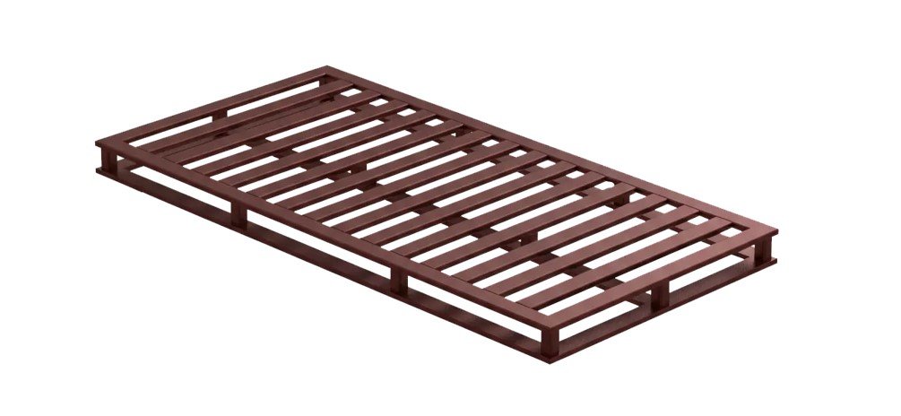 A brown metal steel pallet, featuring a slatted top surface and sturdy support beams underneath, on a white background.