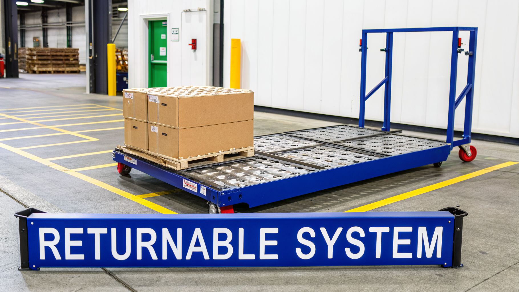 A blue returnable steel pallet cart holding cardboard boxes in a clean warehouse.
