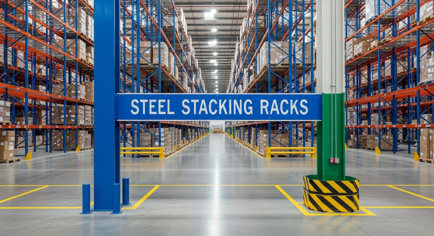 steel stacking racks in an industrial warehouse setting
