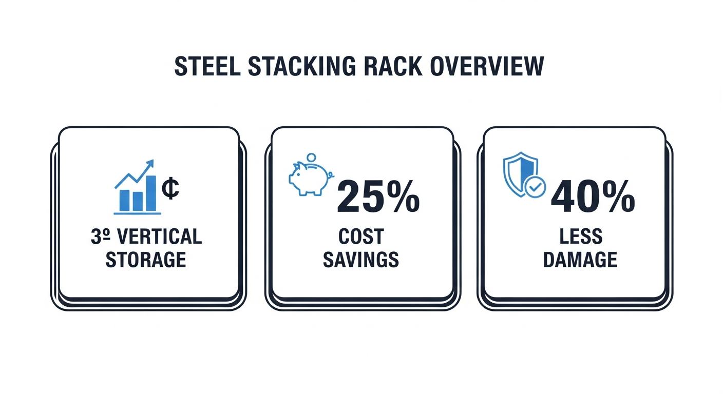 steel stacking racks overview infographic showing vertical storage gains, cost savings, and damage reduction data
