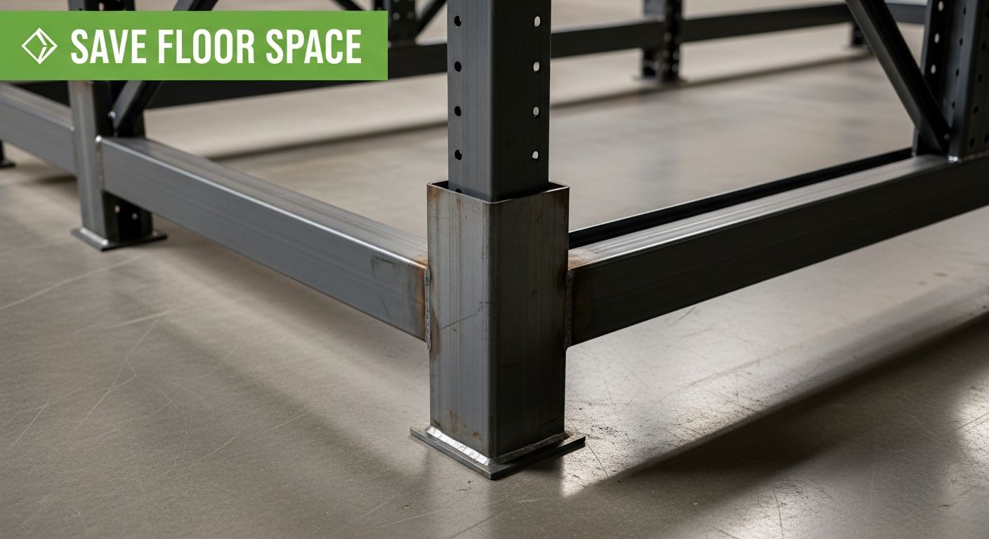 steel stacking rack fork pocket and base frame detail showing welded construction