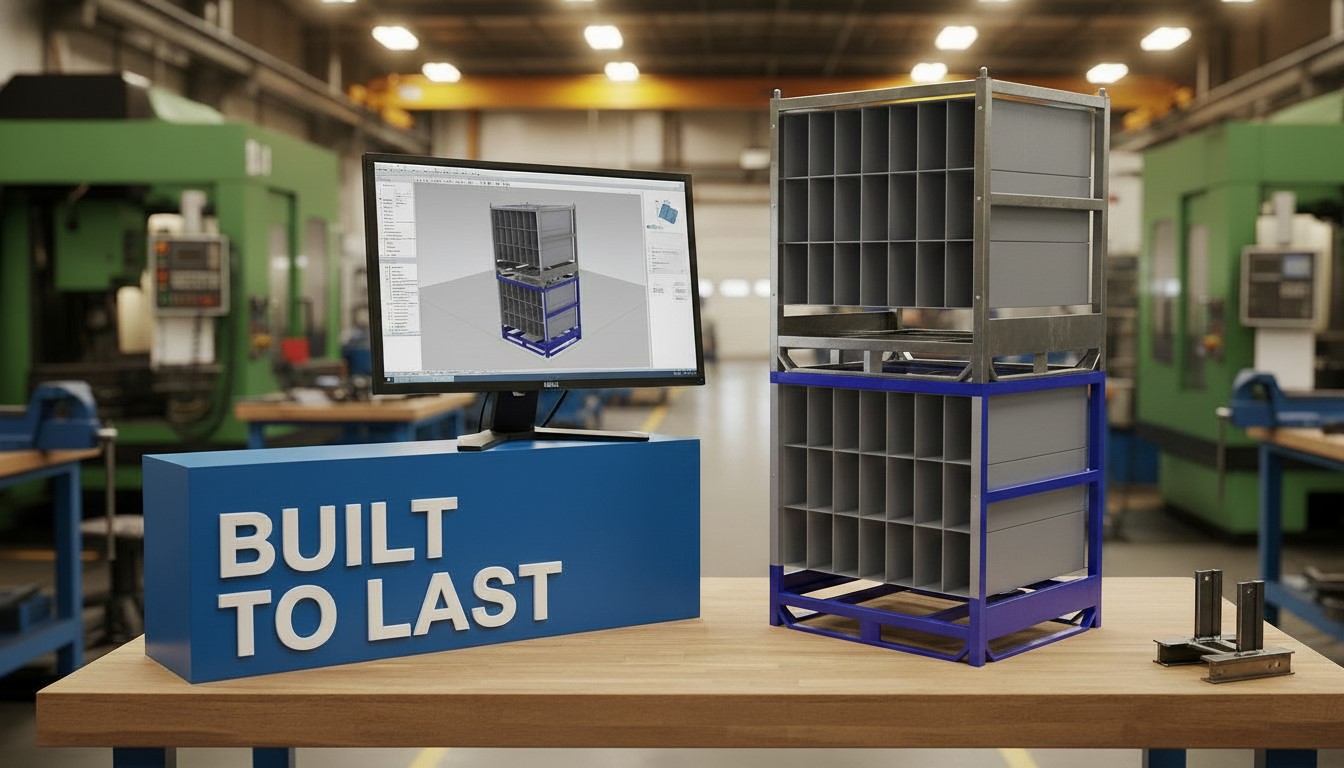 custom steel stacking rack CAD design and prototype model on a fabrication shop workbench