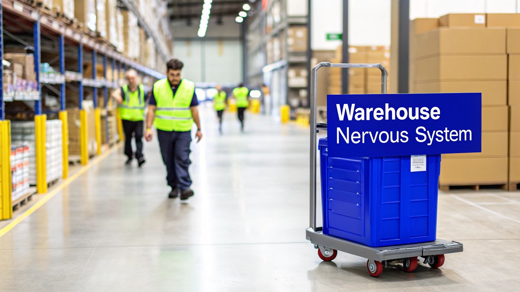 A blue picking cart with a 'Warehouse Nervous System' sign in a bustling warehouse aisle.