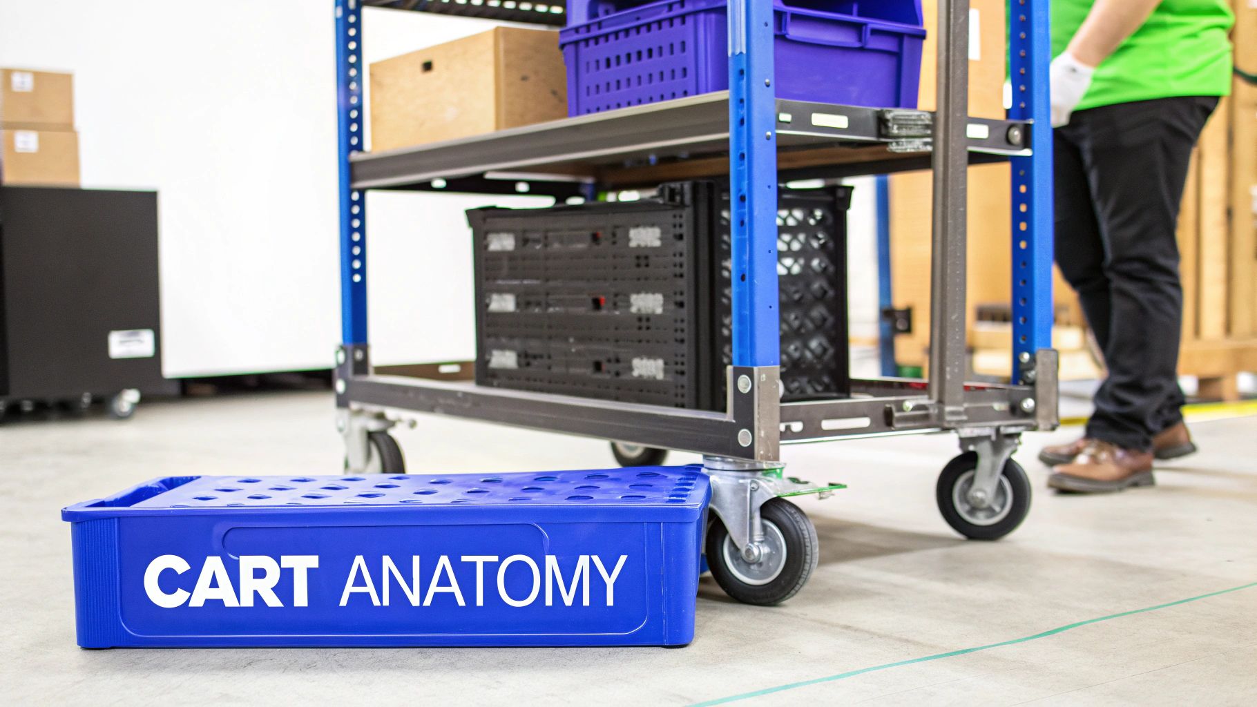A blue and silver multi-shelf stock picker cart holds storage bins, with "CART ANATOMY" on a blue bin.