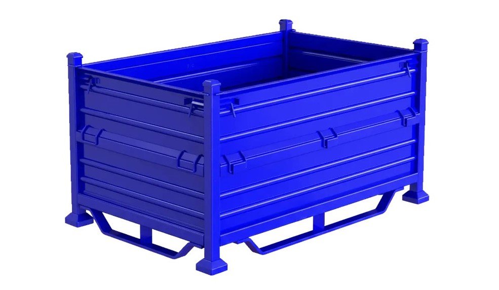 A large, empty, blue metal industrial storage bin with corrugated sides and a reinforced base.