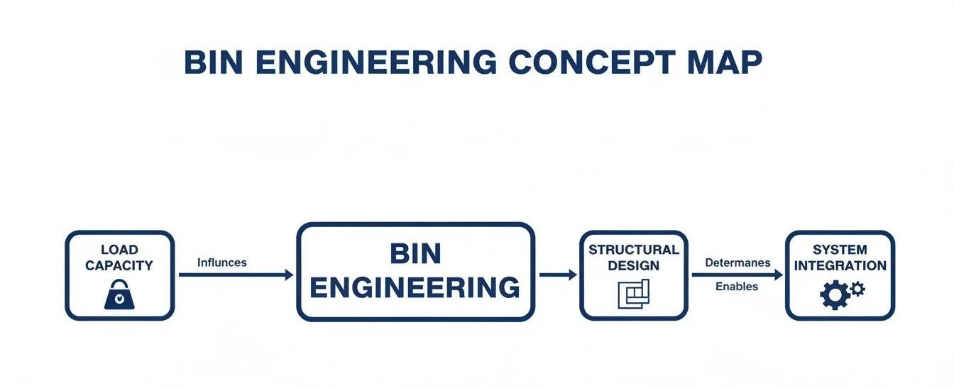 A concept map showing the flow from load capacity influencing bin engineering, which determines structural design and enables system integration.