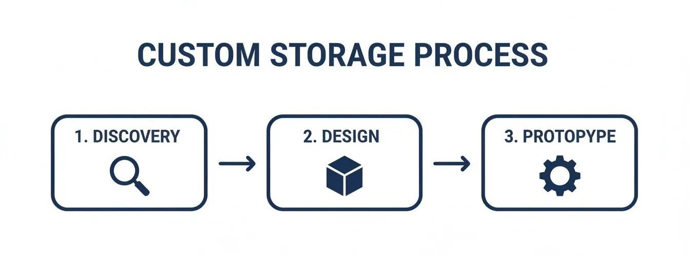 Flowchart showing a custom storage process: Discovery, Design, and Prototype stages with icons.