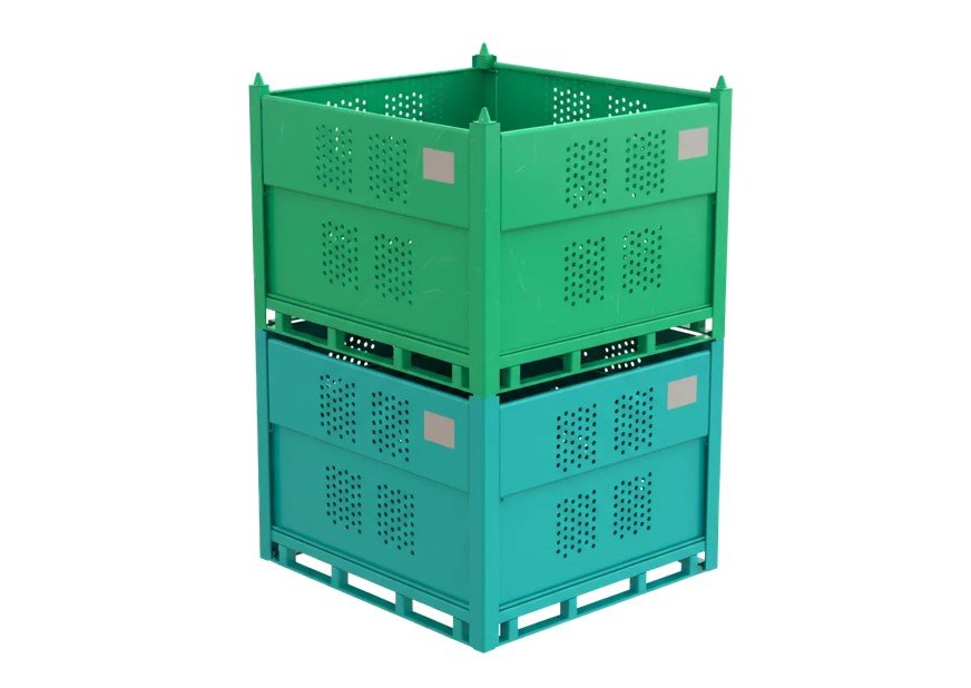 Two stacked metal storage containers, one green and one teal, with perforated sides.