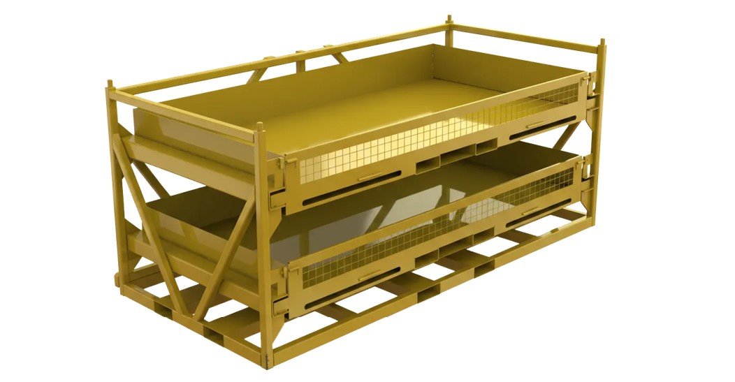 A yellow two-tier metal storage rack with mesh sides and solid bottom, designed for heavy-duty use.