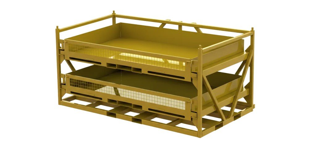 A two-tiered yellow metal storage rack with mesh sides and pallet entries.