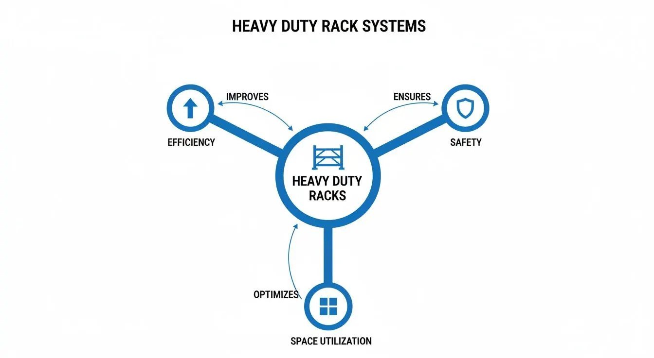 Diagram illustrating how heavy duty racks improve efficiency, ensure safety, and optimize space utilization.