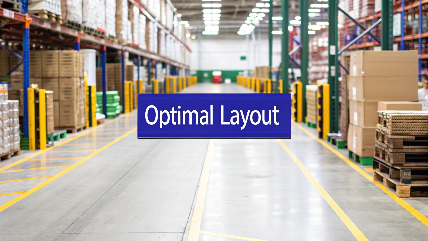 An organized warehouse aisle featuring high storage racks filled with goods and a prominent 'Optimal Layout' text overlay.