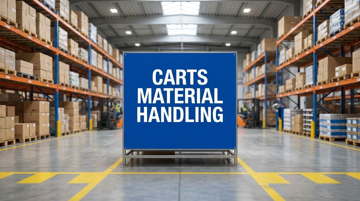 Warehouse sign reading carts material handling in front of industrial storage racking