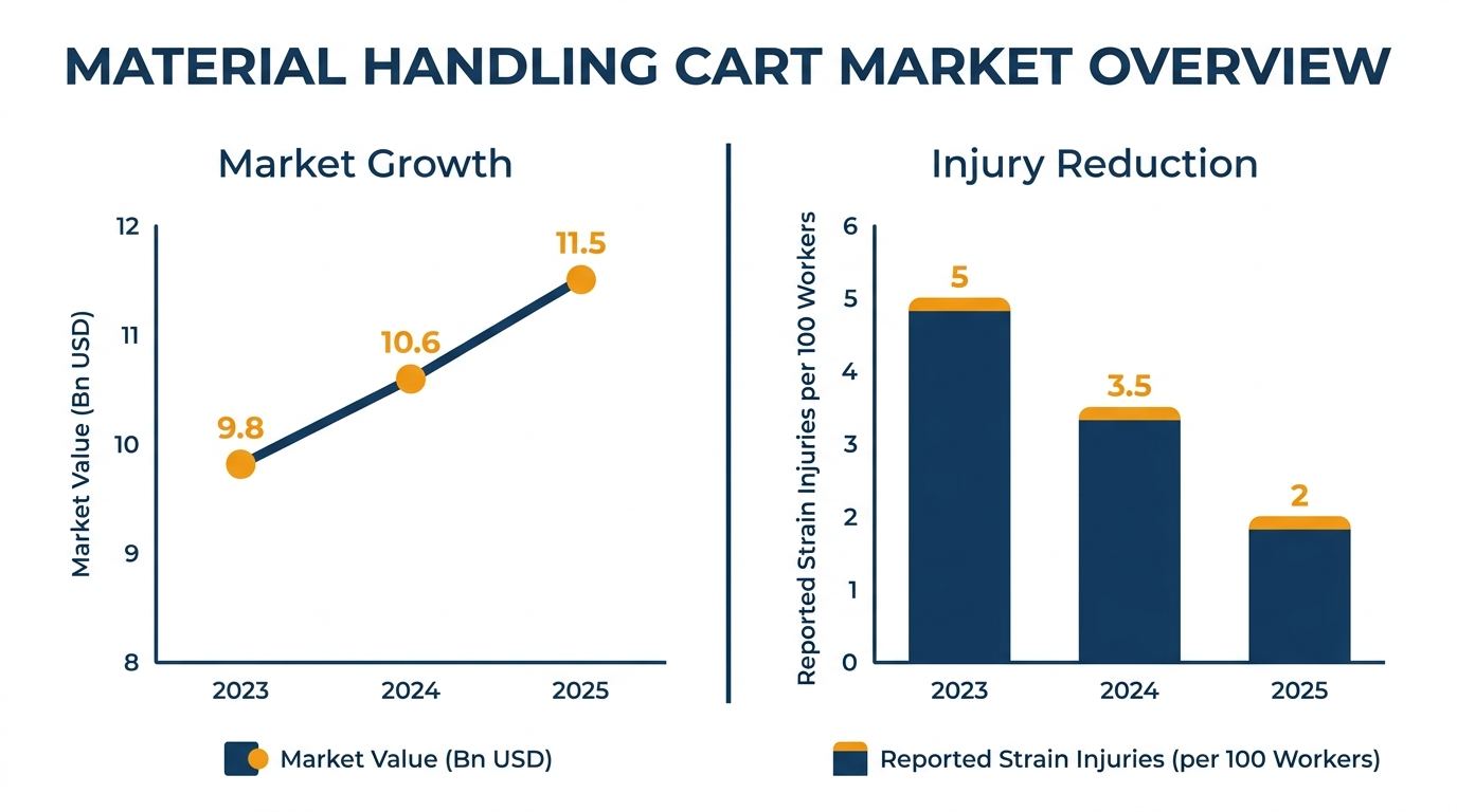 Infographic showing material handling cart market growth and workplace injury reduction data