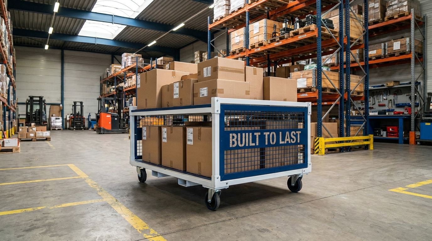 Heavy-duty material handling cart with built to last printed on the side panel
