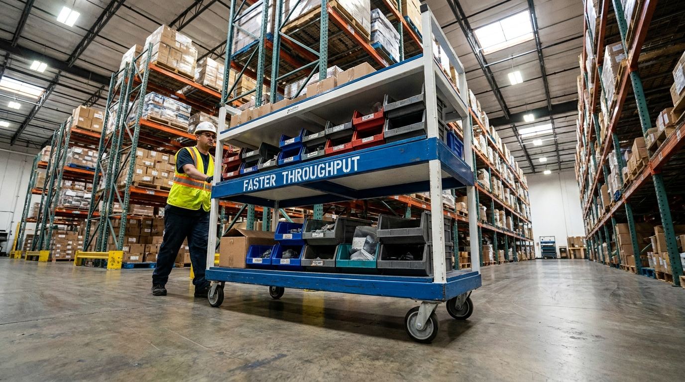 Worker pushing a multi-tier material handling cart labeled faster throughput down a warehouse aisle