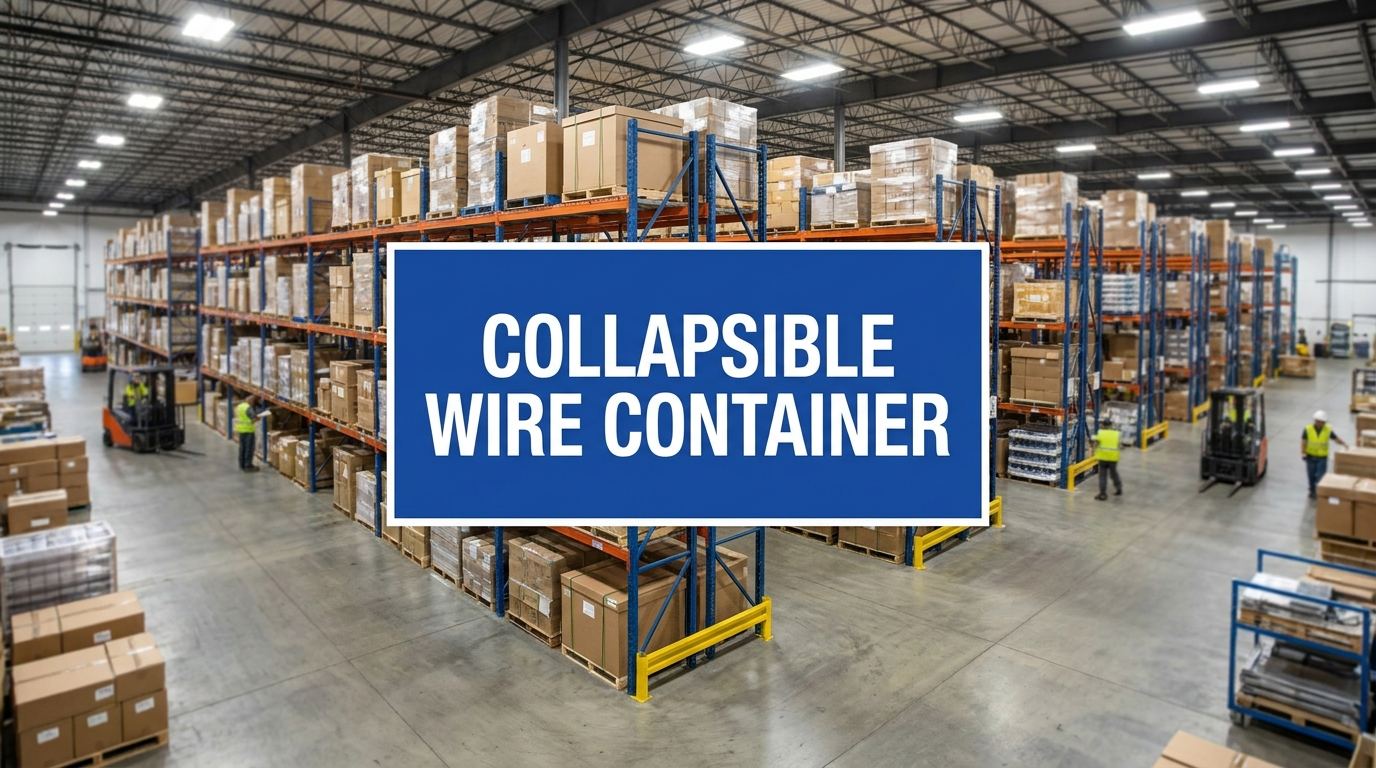 Collapsible wire container sign in warehouse interior