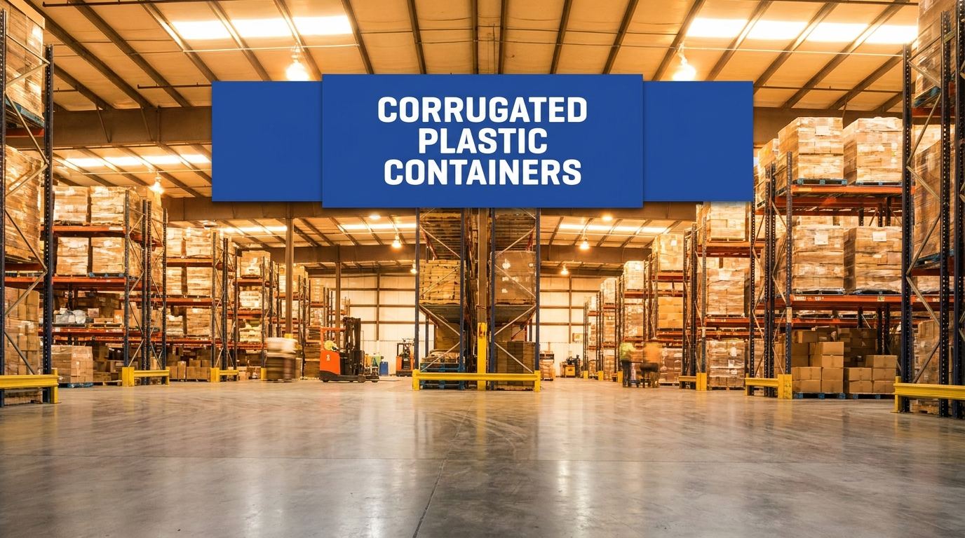 Corrugated plastic containers sign displayed in a warehouse setting