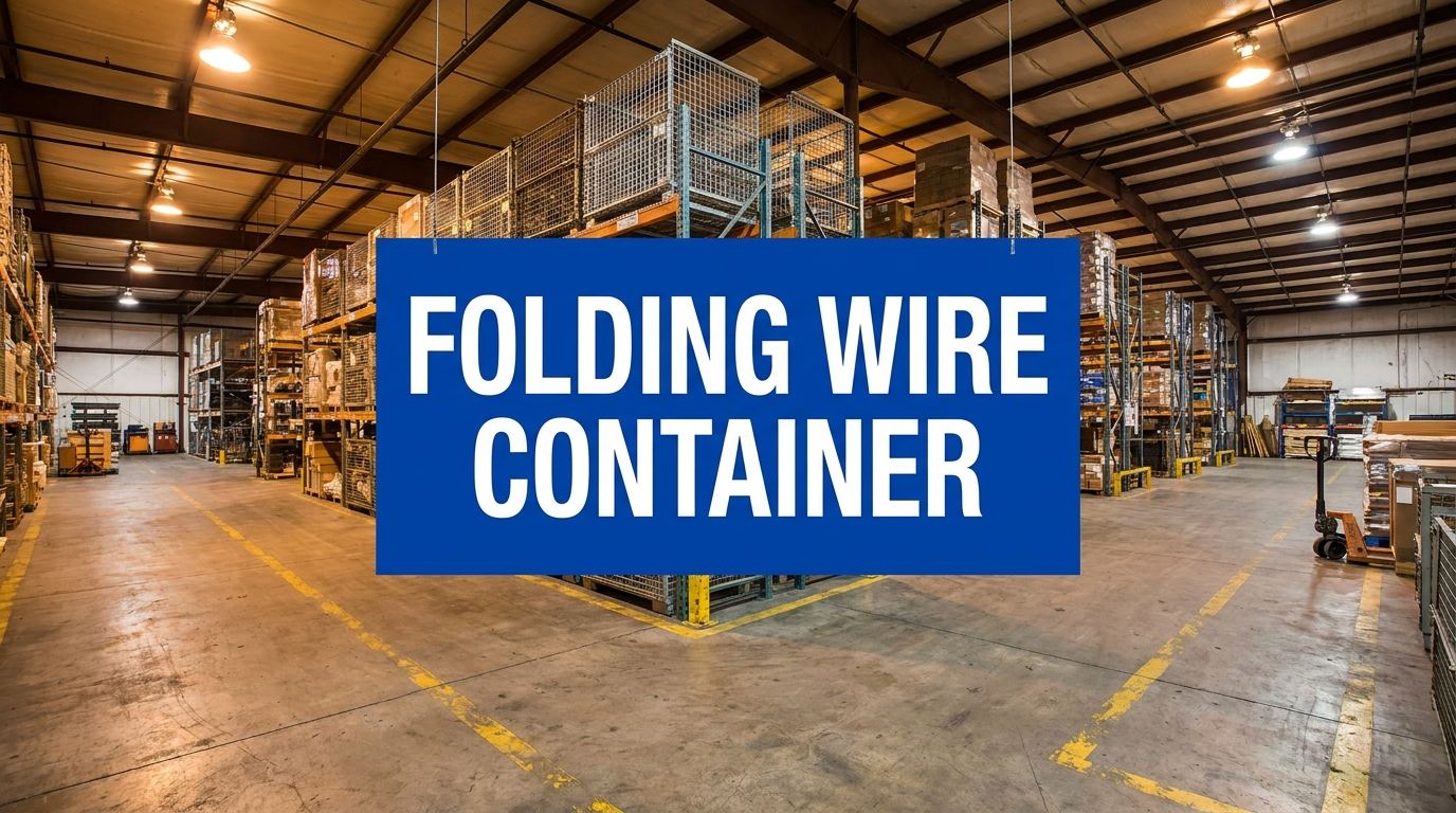 Folding wire container sign in industrial warehouse storage facility