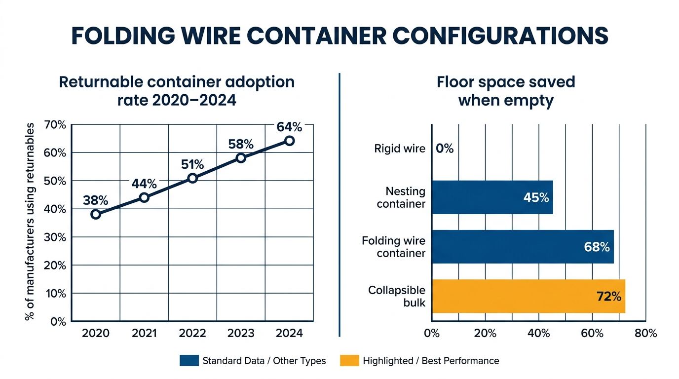 Infographic showing folding wire container adoption trends and floor space savings by container type