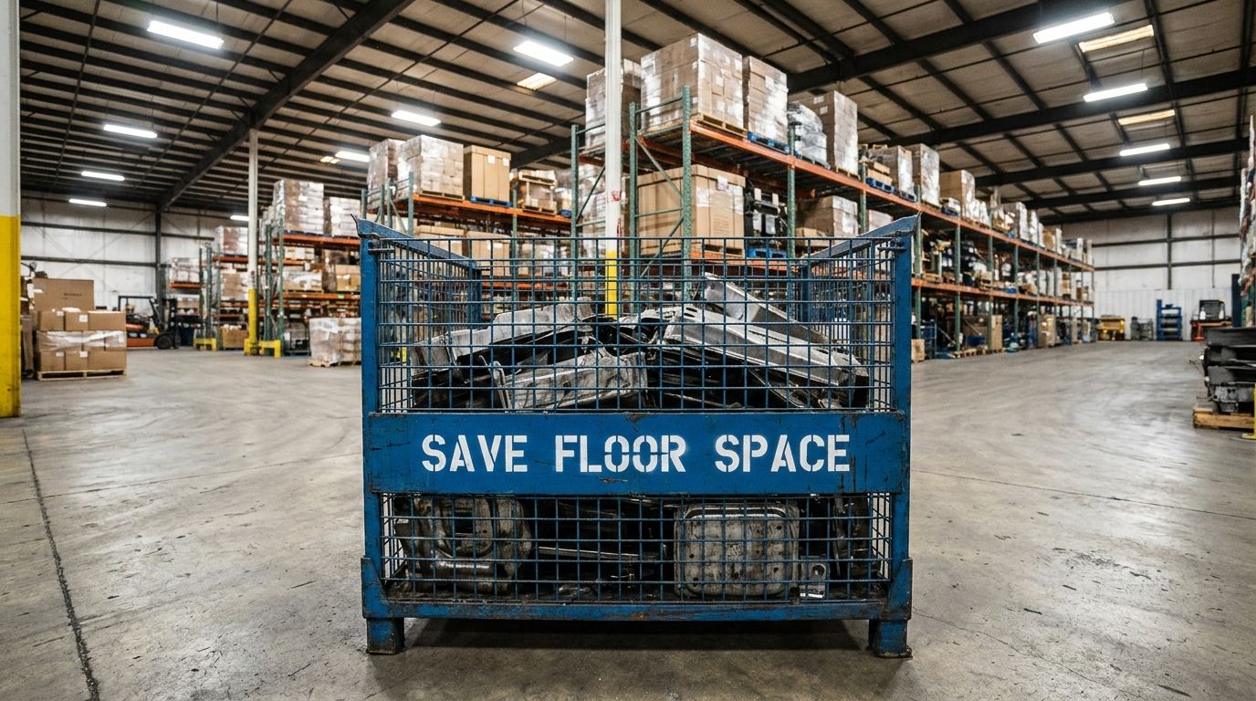 Folding wire container with SAVE FLOOR SPACE printed on panel in warehouse