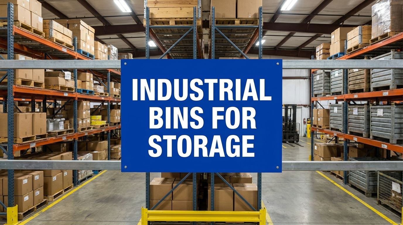 Industrial bins for storage displayed on a sign inside a large warehouse facility