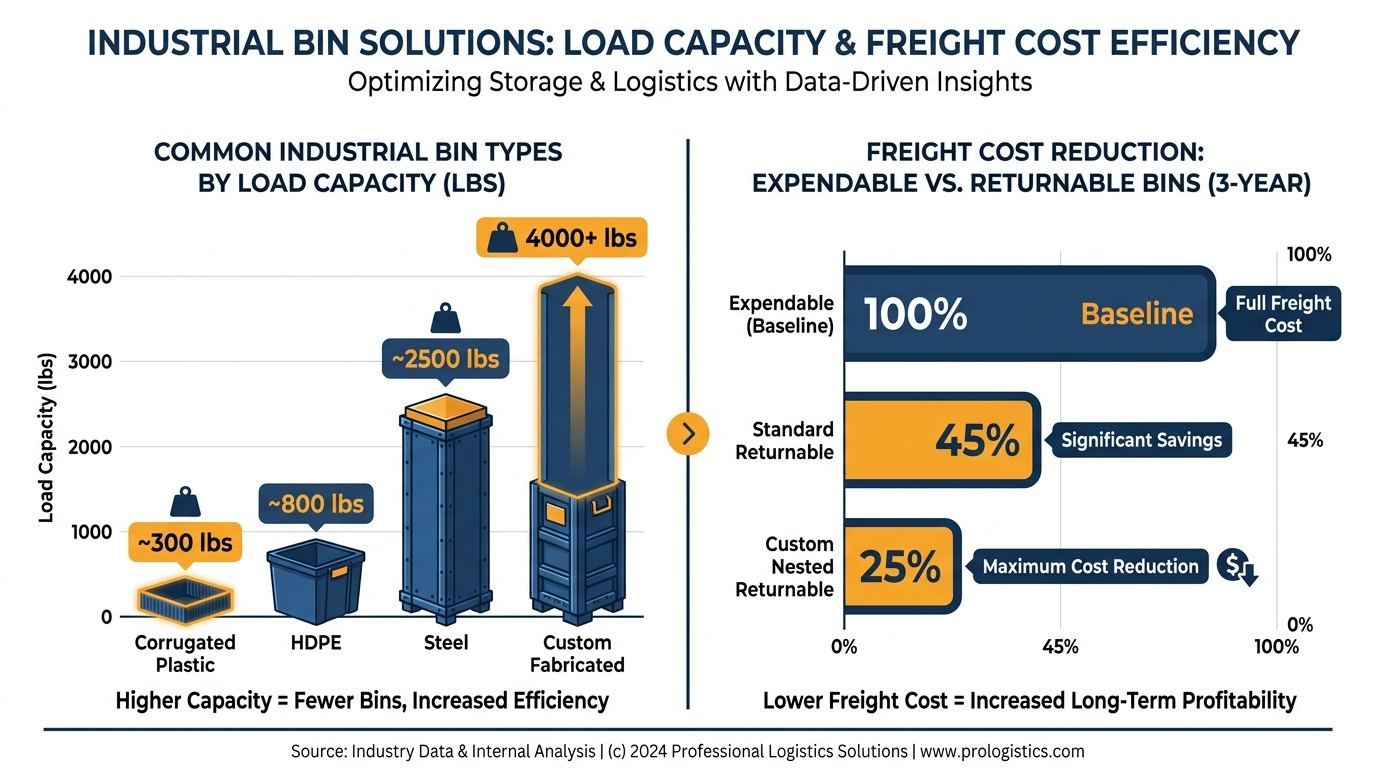Infographic comparing industrial bin types by load capacity and freight cost reduction over three years