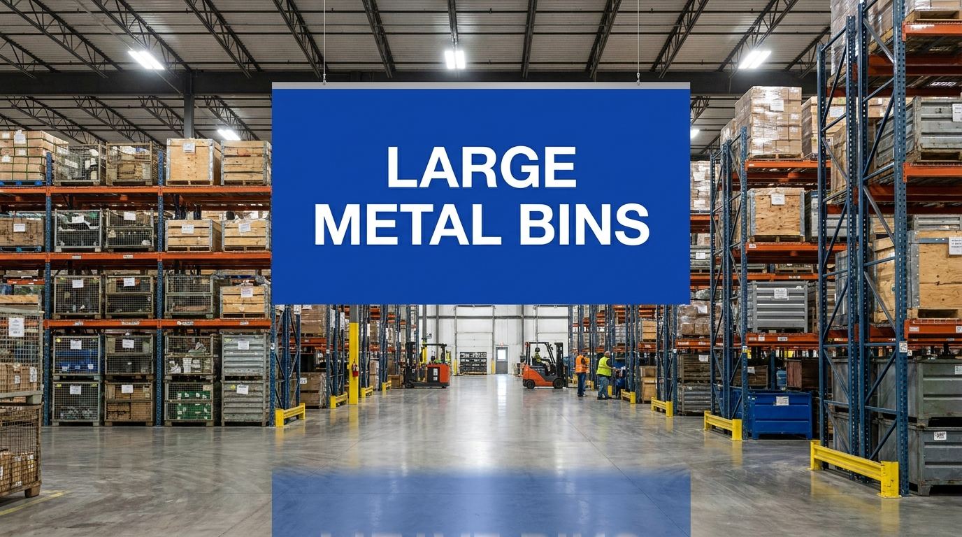 Large metal bins guide sign in an industrial warehouse