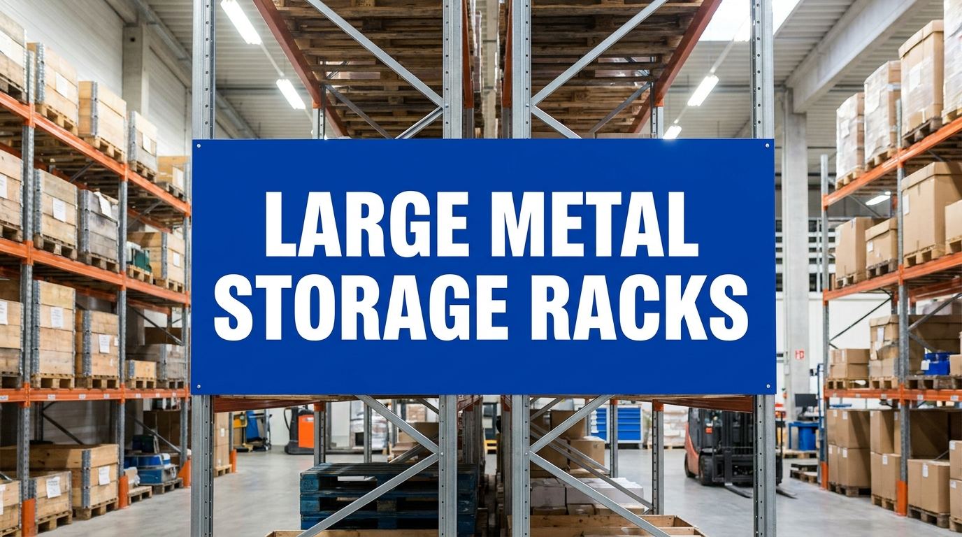 Large metal storage racks sign in an industrial warehouse setting