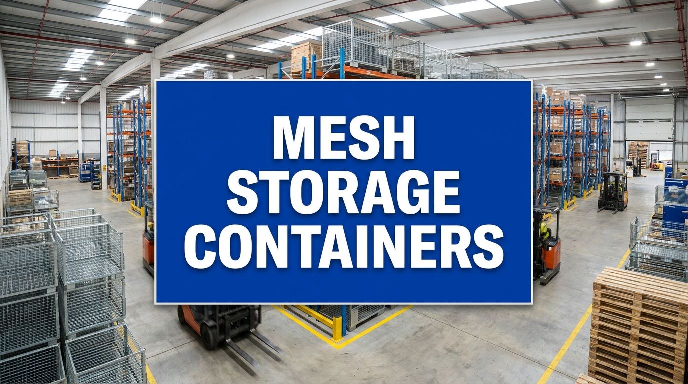 Mesh storage containers sign in an industrial warehouse setting
