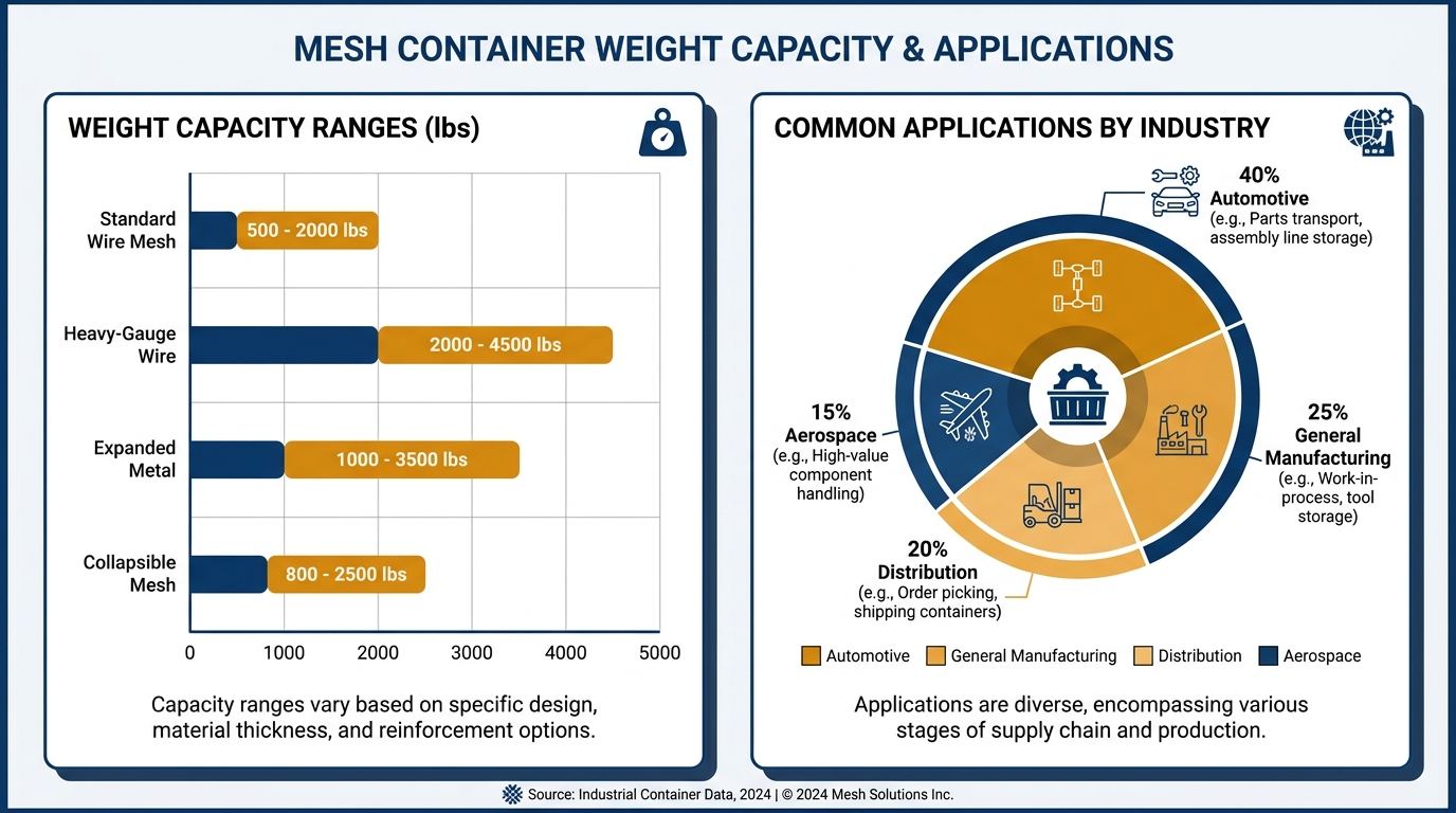 Infographic comparing mesh storage container types by load capacity and industry application