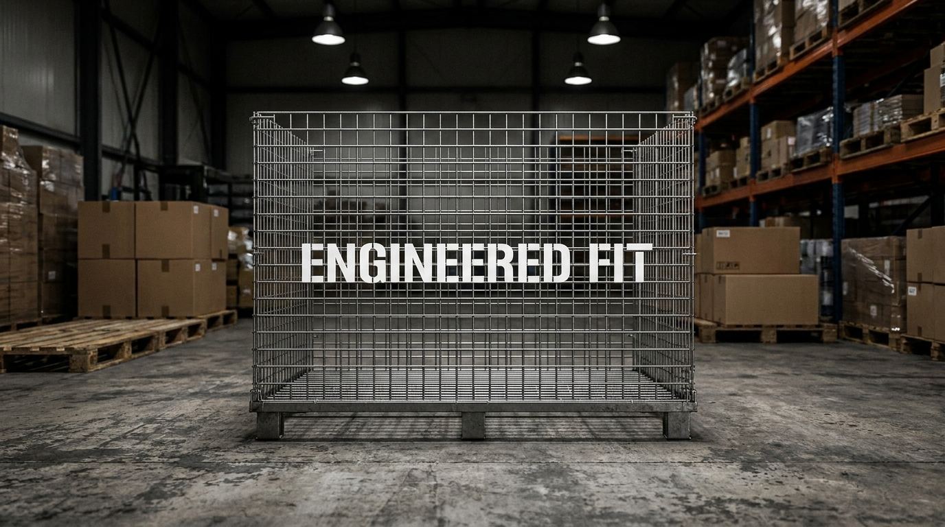 Custom mesh storage container with engineered fit label on warehouse floor