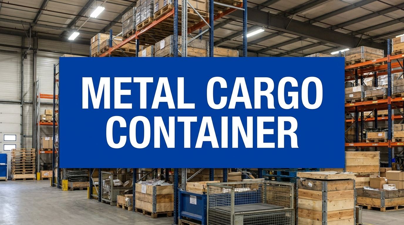 Metal cargo container sign displayed in a warehouse interior