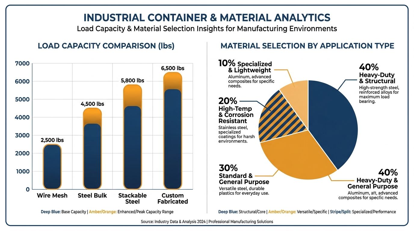 Infographic comparing metal cargo container types by load capacity and material selection in manufacturing
