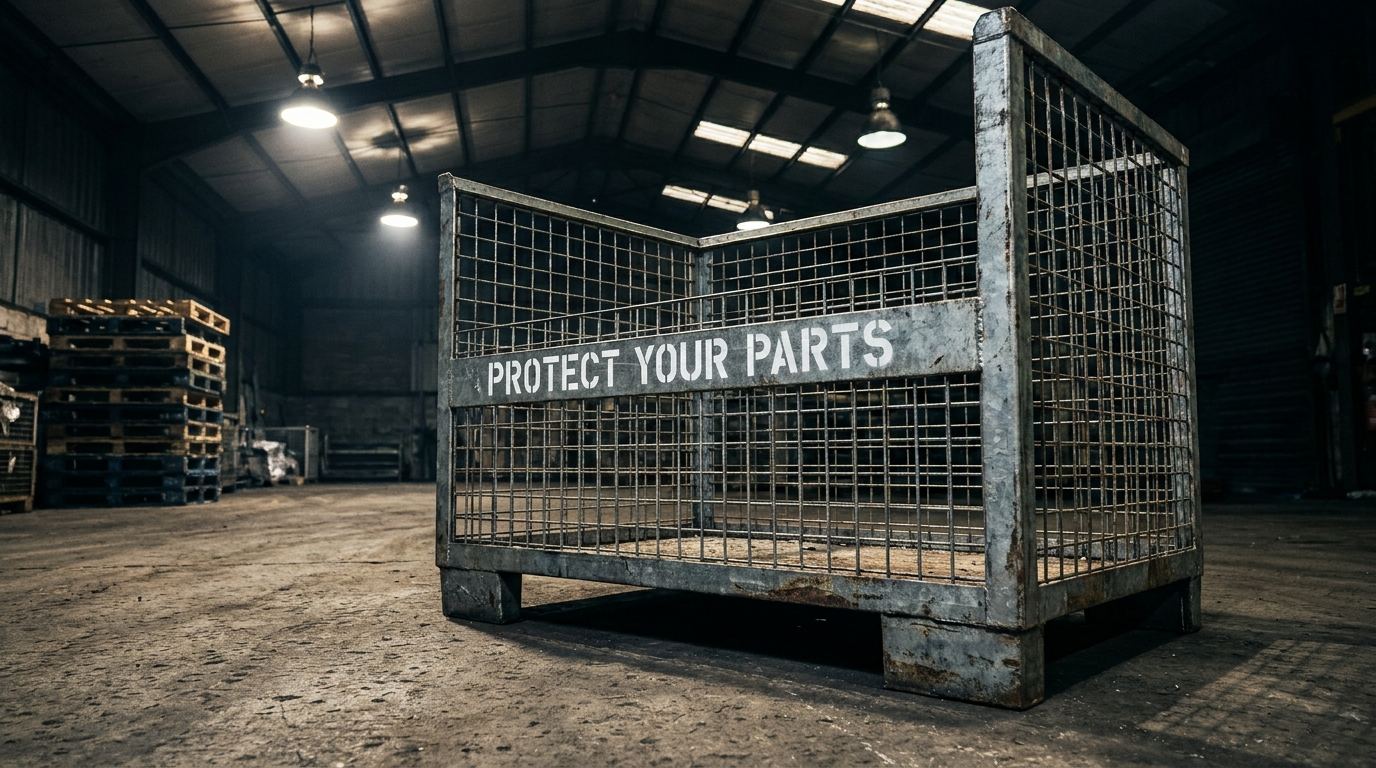 Steel wire mesh bulk container with PROTECT YOUR PARTS printed on frame in warehouse