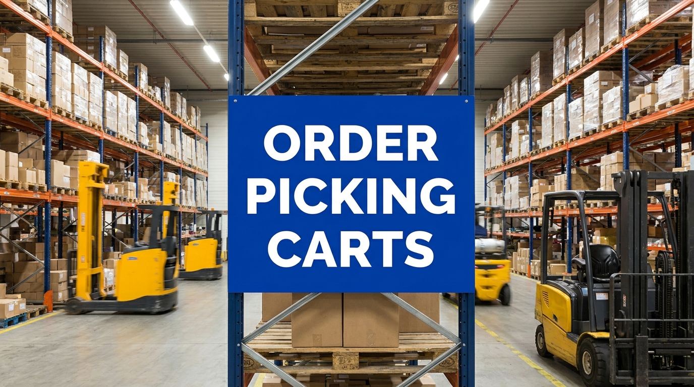Warehouse sign reading order picking carts above industrial storage racks