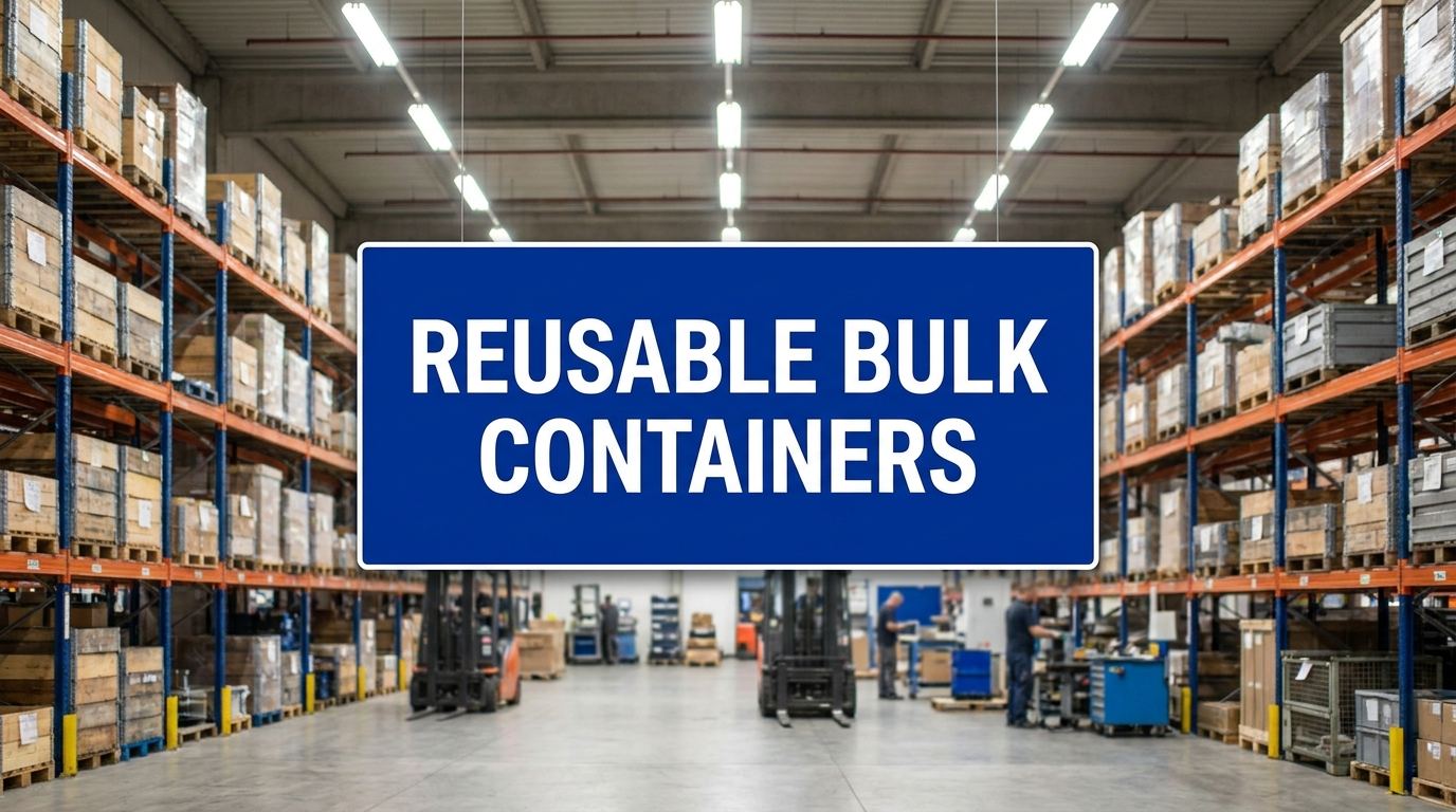 Warehouse sign reading reusable bulk containers above industrial storage racking