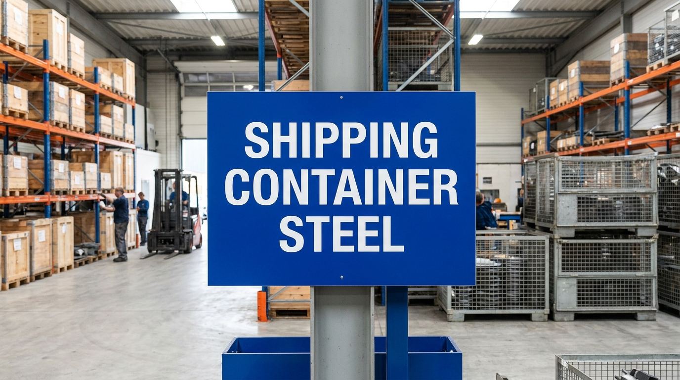 Warehouse interior with a blue sign reading "shipping container steel" above industrial storage racks