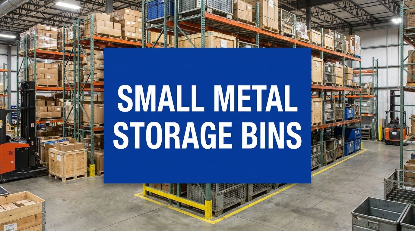 Small metal storage bins sign in a warehouse environment