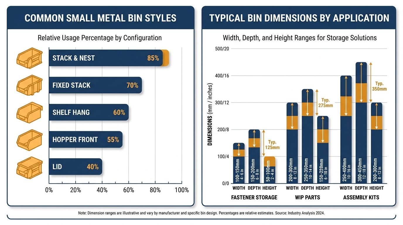 Infographic showing types of small metal storage bins and typical dimensions by application