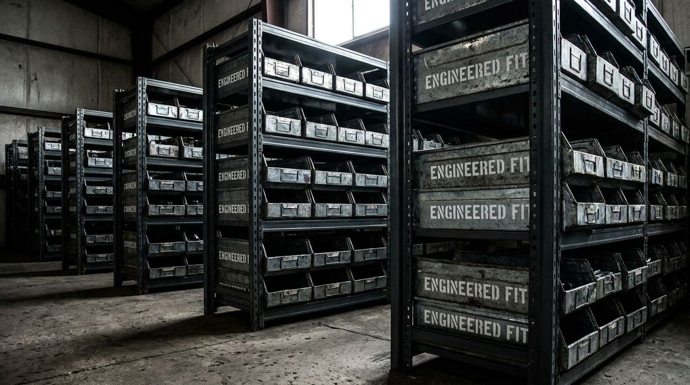 Small metal storage bins with engineered fit label on warehouse shelving