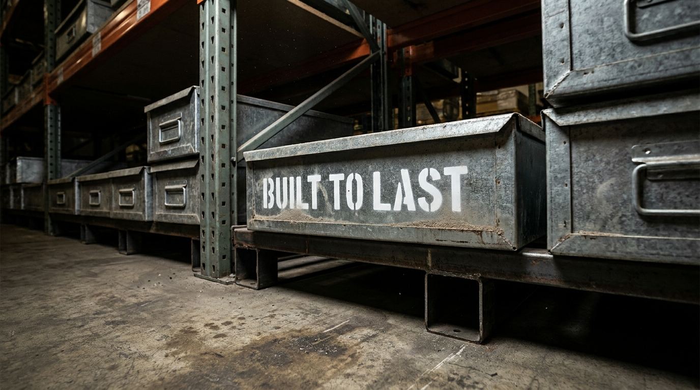 Custom small metal storage bins with built to last label in warehouse rack system