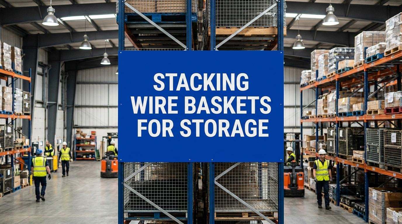 Stacking wire baskets for storage sign in an industrial warehouse