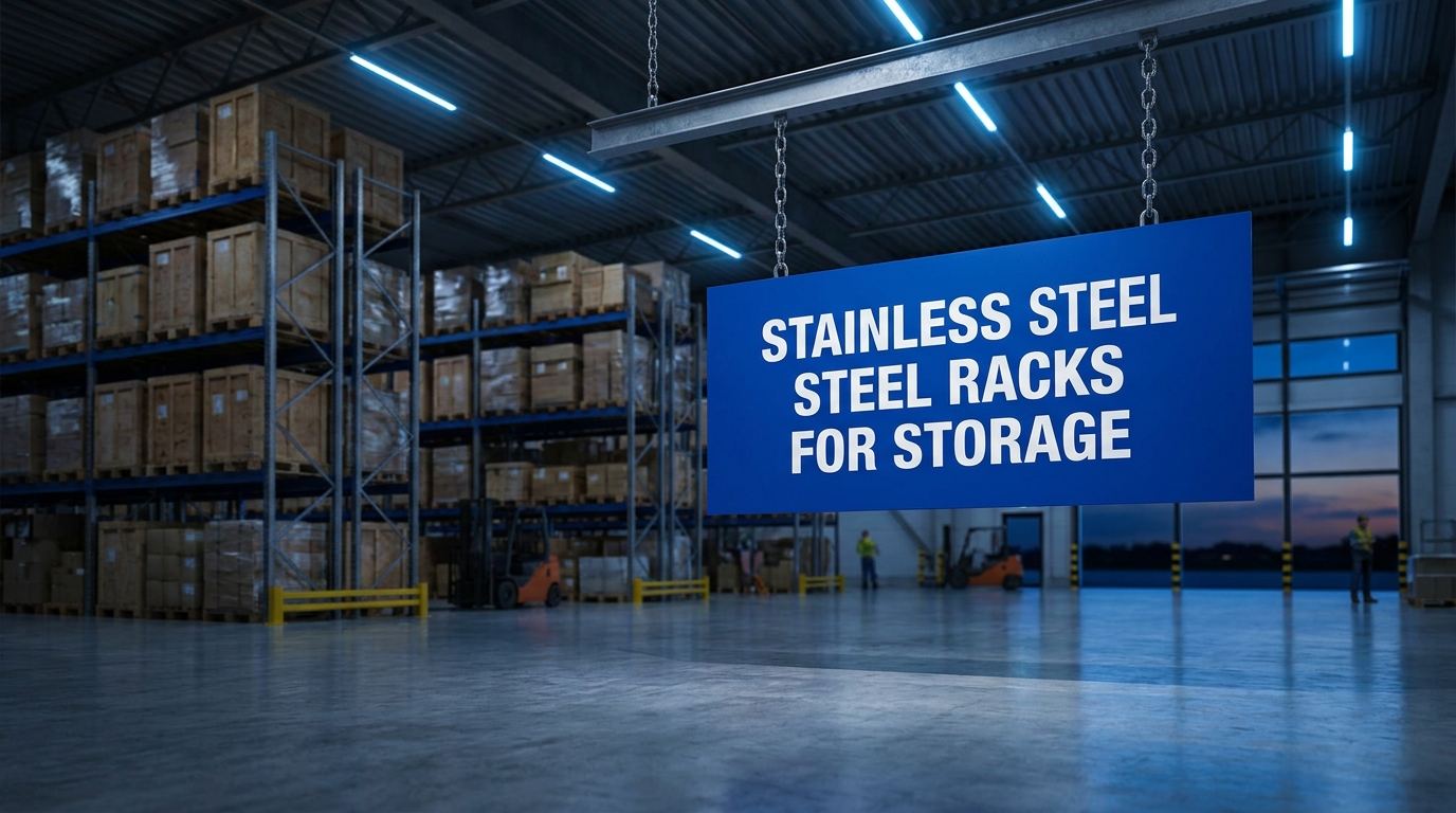 Warehouse interior with a blue sign reading stainless steel racks for storage